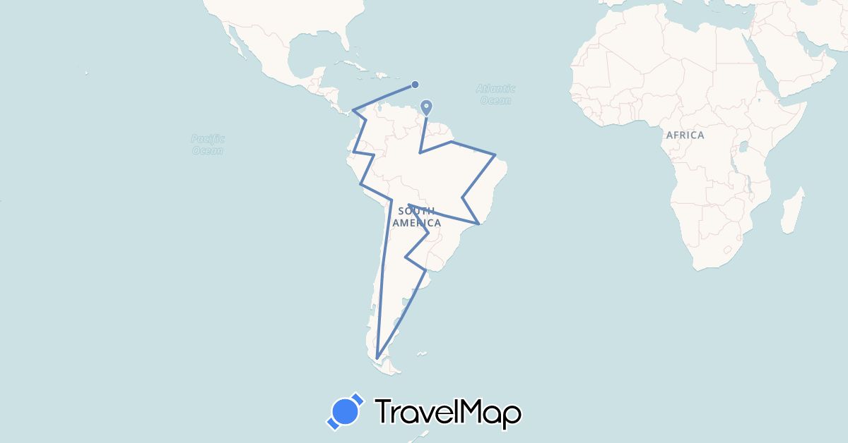 TravelMap itinerary: driving, cycling in Argentina, Bolivia, Brazil, Chile, Colombia, Ecuador, France, Guyana, Panama, Peru, Paraguay (Europe, North America, South America)